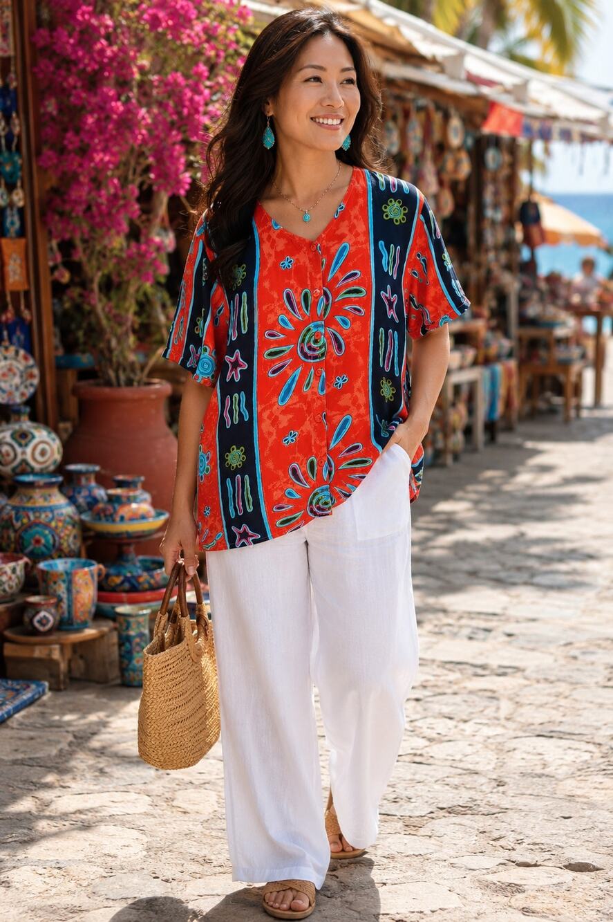 Vintage 90s Abstract Art Print Blouse Medium Boho Festival Resort Top